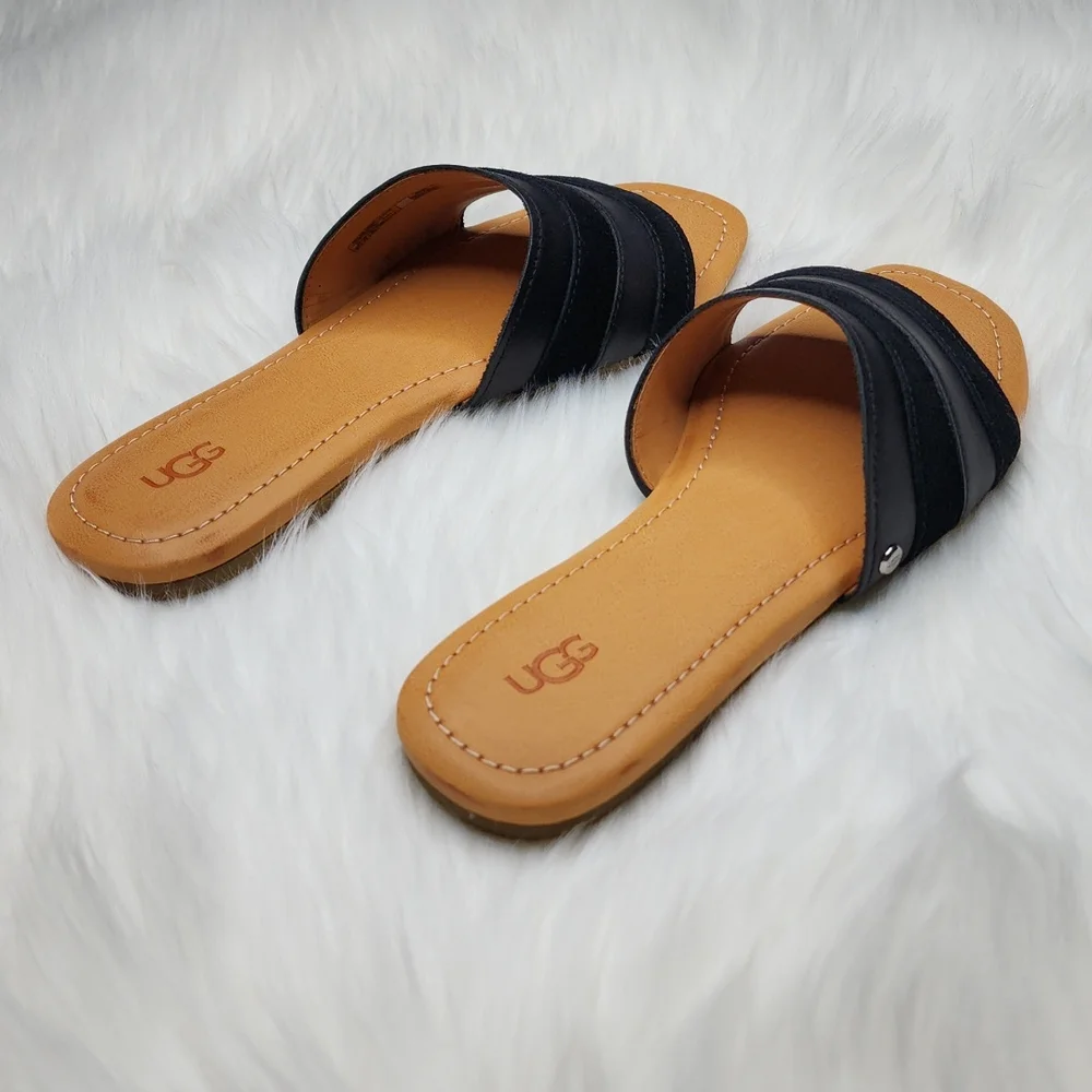 UGG Ximena Slip On Slide Sandals Black Leather